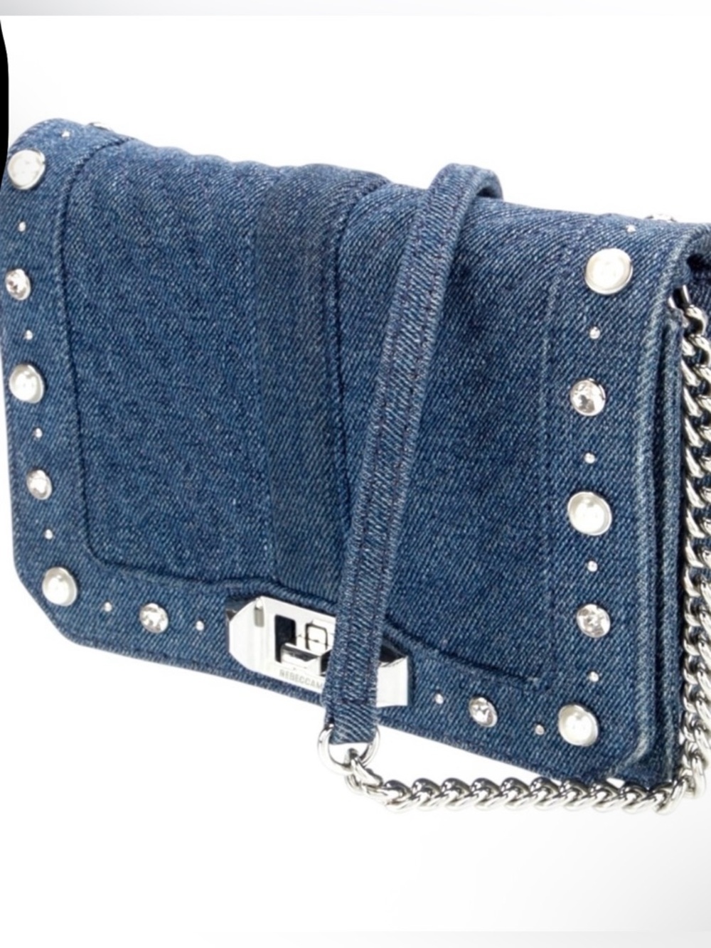 Rebecca Minkoff Edie Studded Pearl Denim Crossbody Bling Chain Bag RARE Like New - Picture 2 of 10